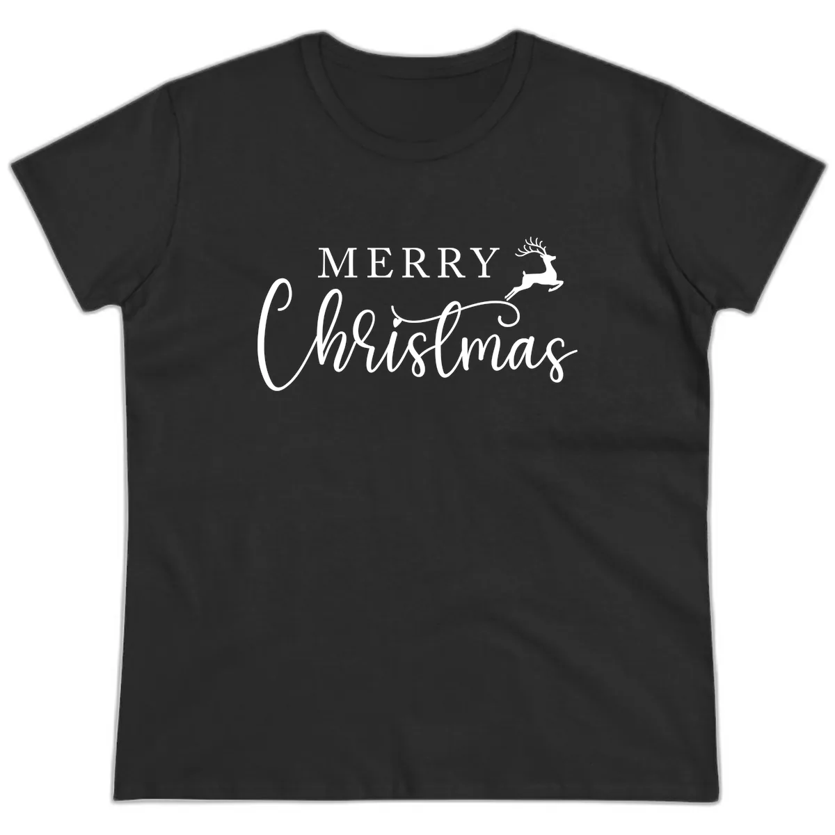 Merry Christmas Reindeer Script Design Ladies Tee in Black