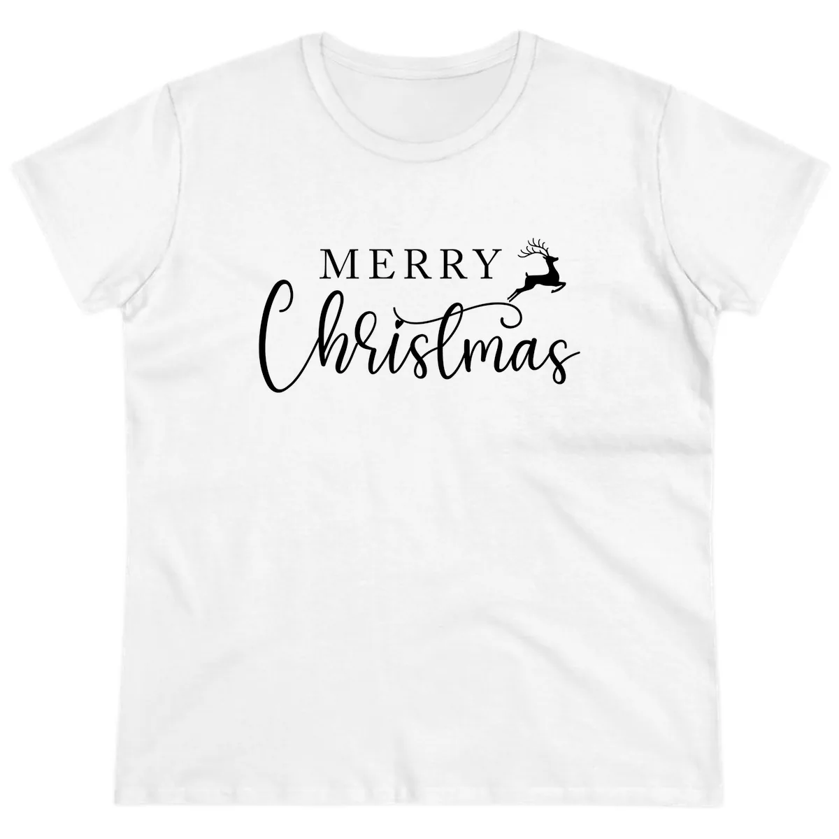 Merry Christmas Reindeer Script Design Ladies Tee in White