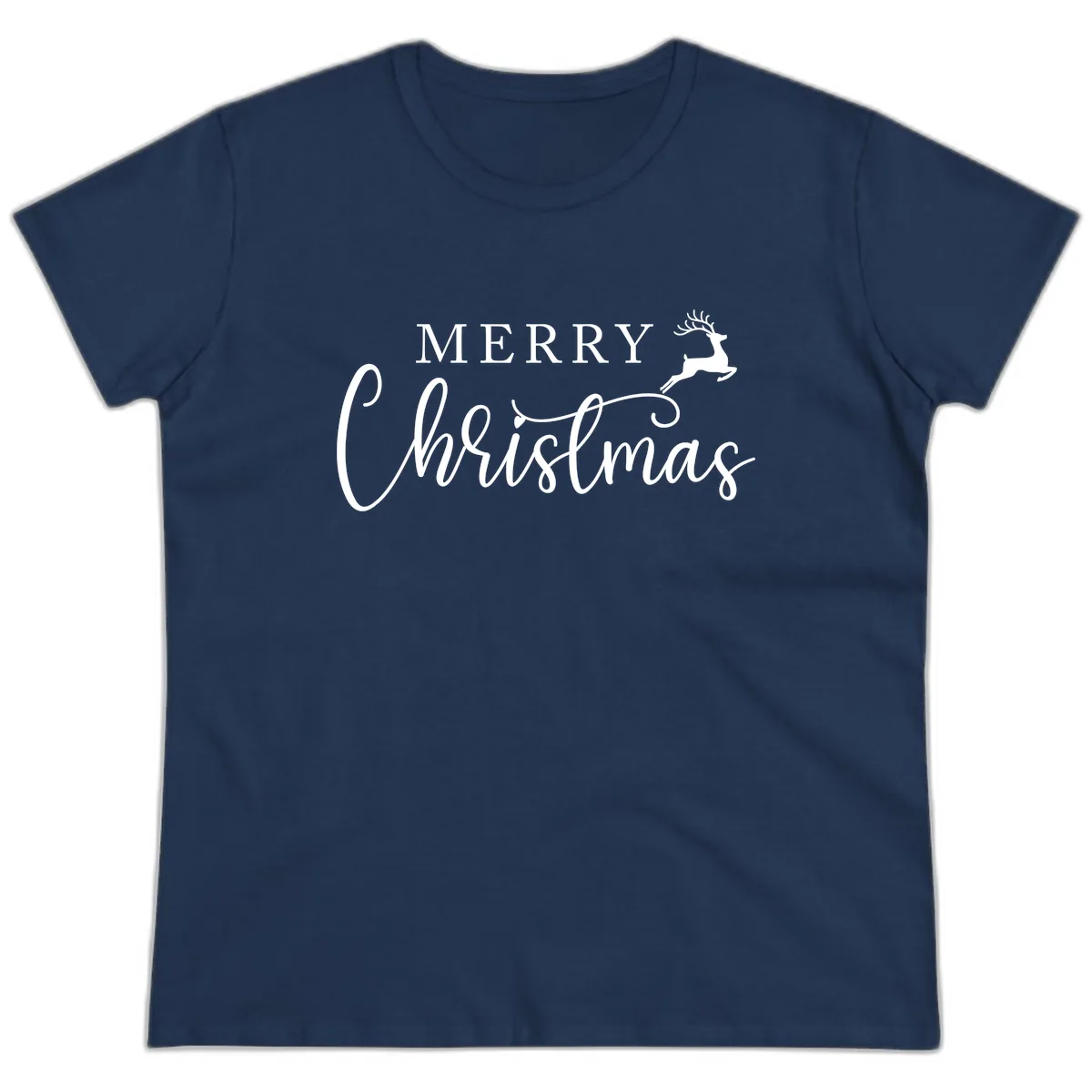 Merry Christmas Reindeer Script Design Ladies Tee in Navy