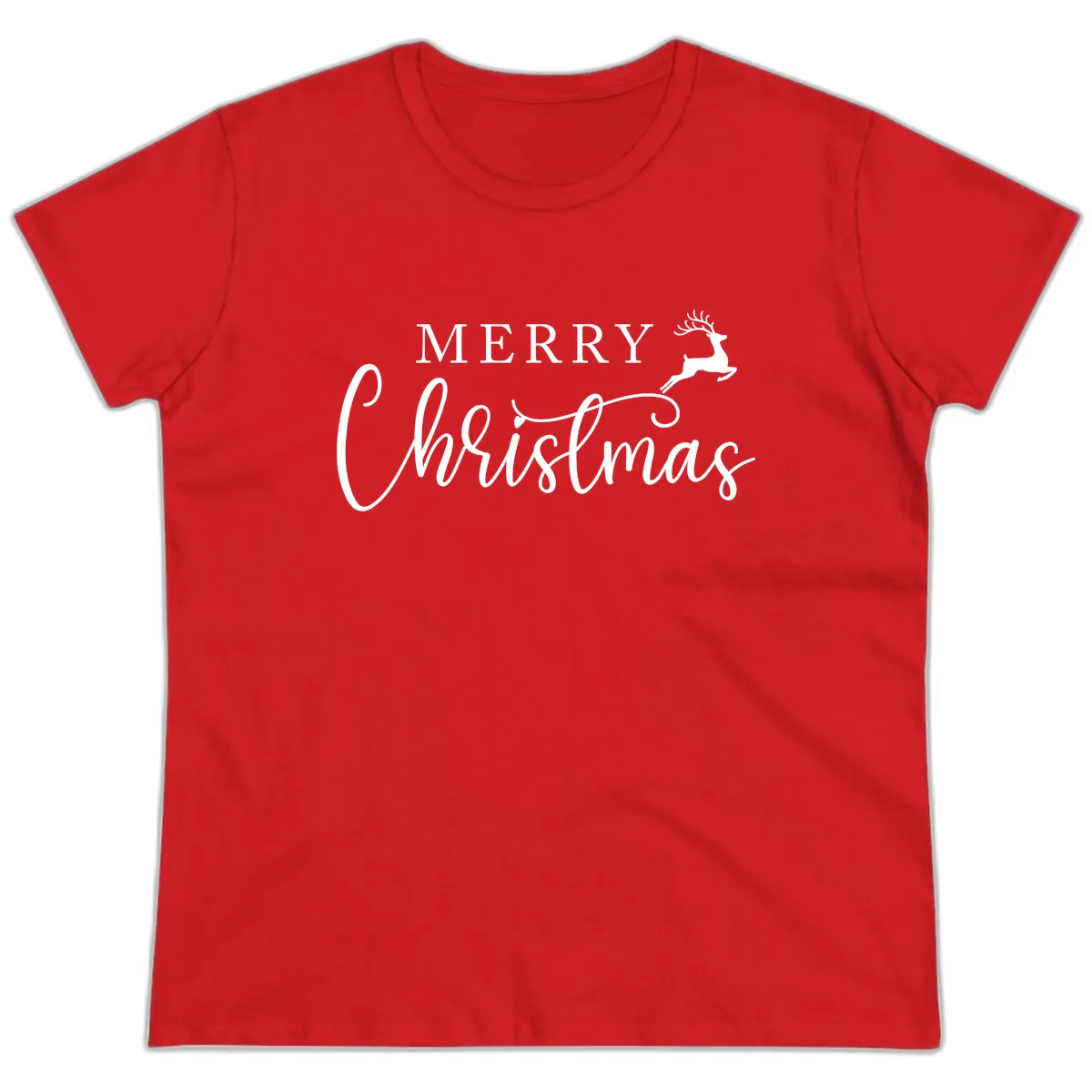 Merry Christmas Reindeer Script Design Ladies Tee in Red