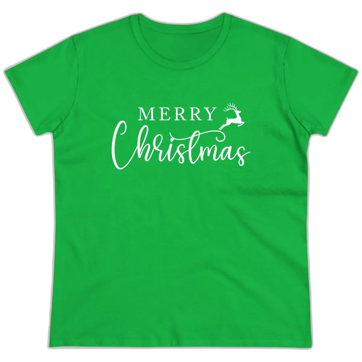 Merry Christmas Reindeer Script Design Ladies Tee in Irish Green