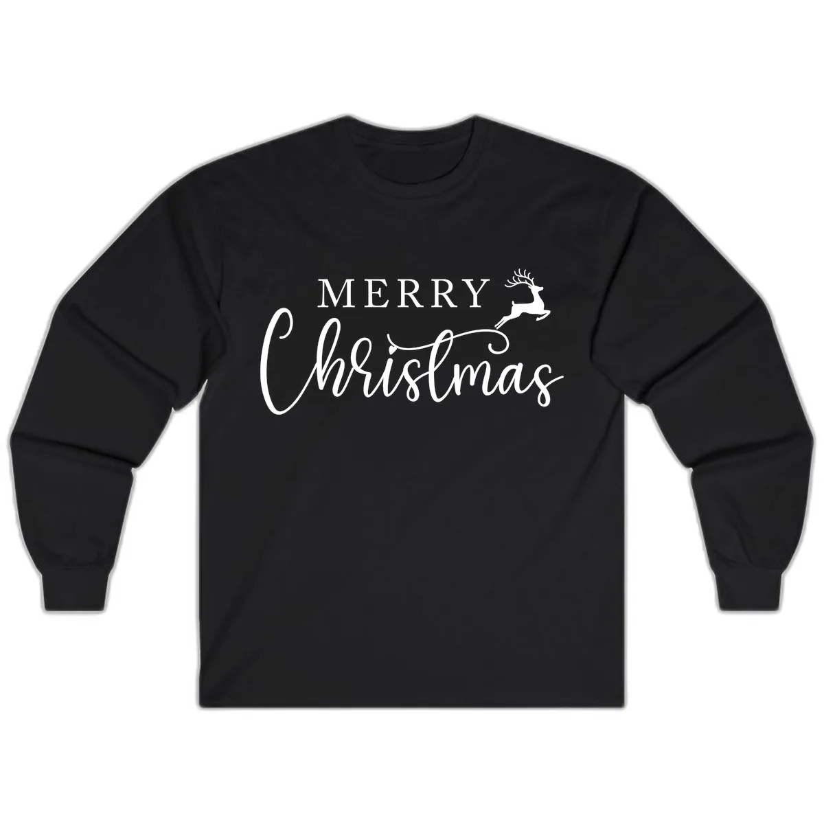 Merry Christmas Reindeer Script Design Long Sleeve in Black