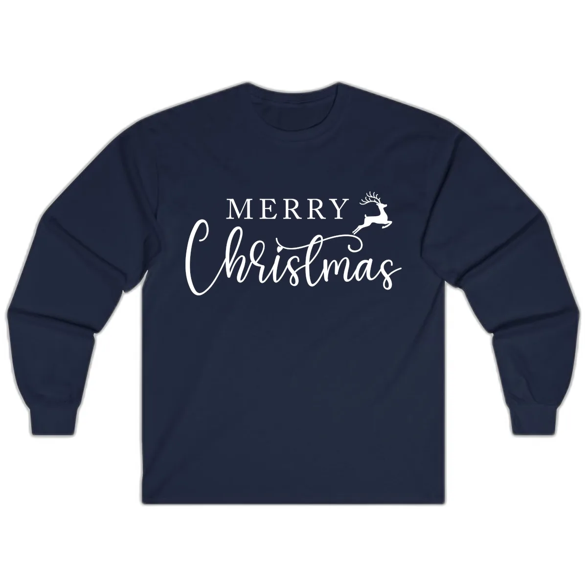 Merry Christmas Reindeer Script Design Long Sleeve in Navy