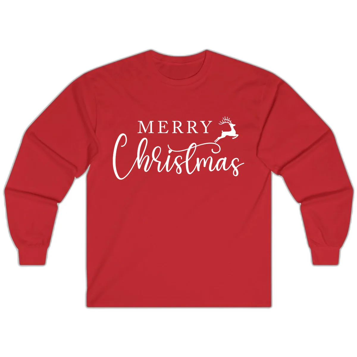 Merry Christmas Reindeer Script Design Long Sleeve in Red