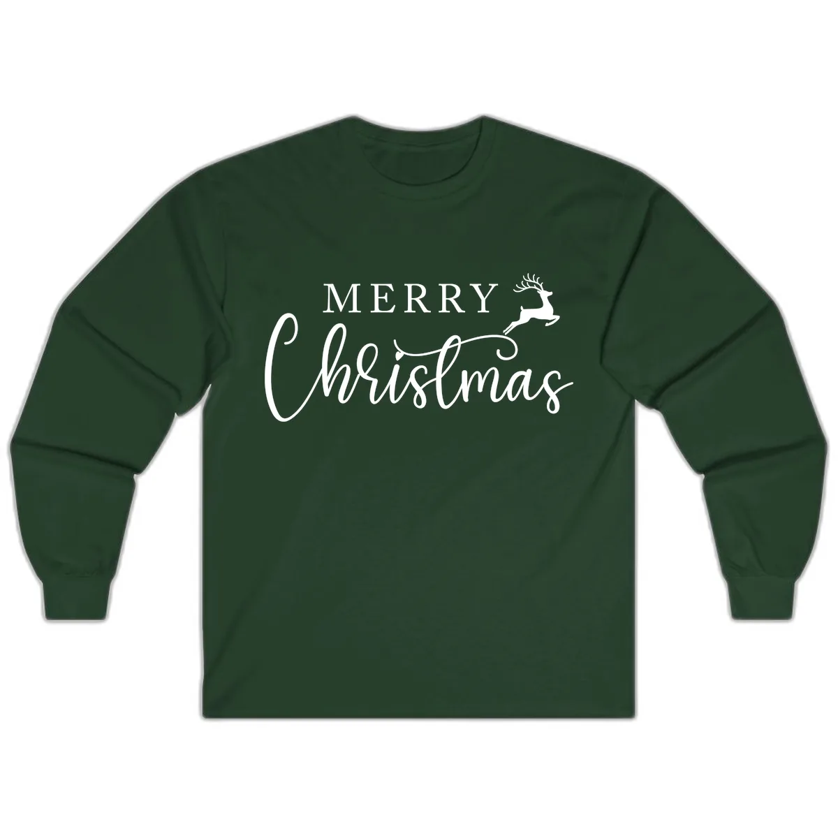 Merry Christmas Reindeer Script Design Long Sleeve in Forest Green