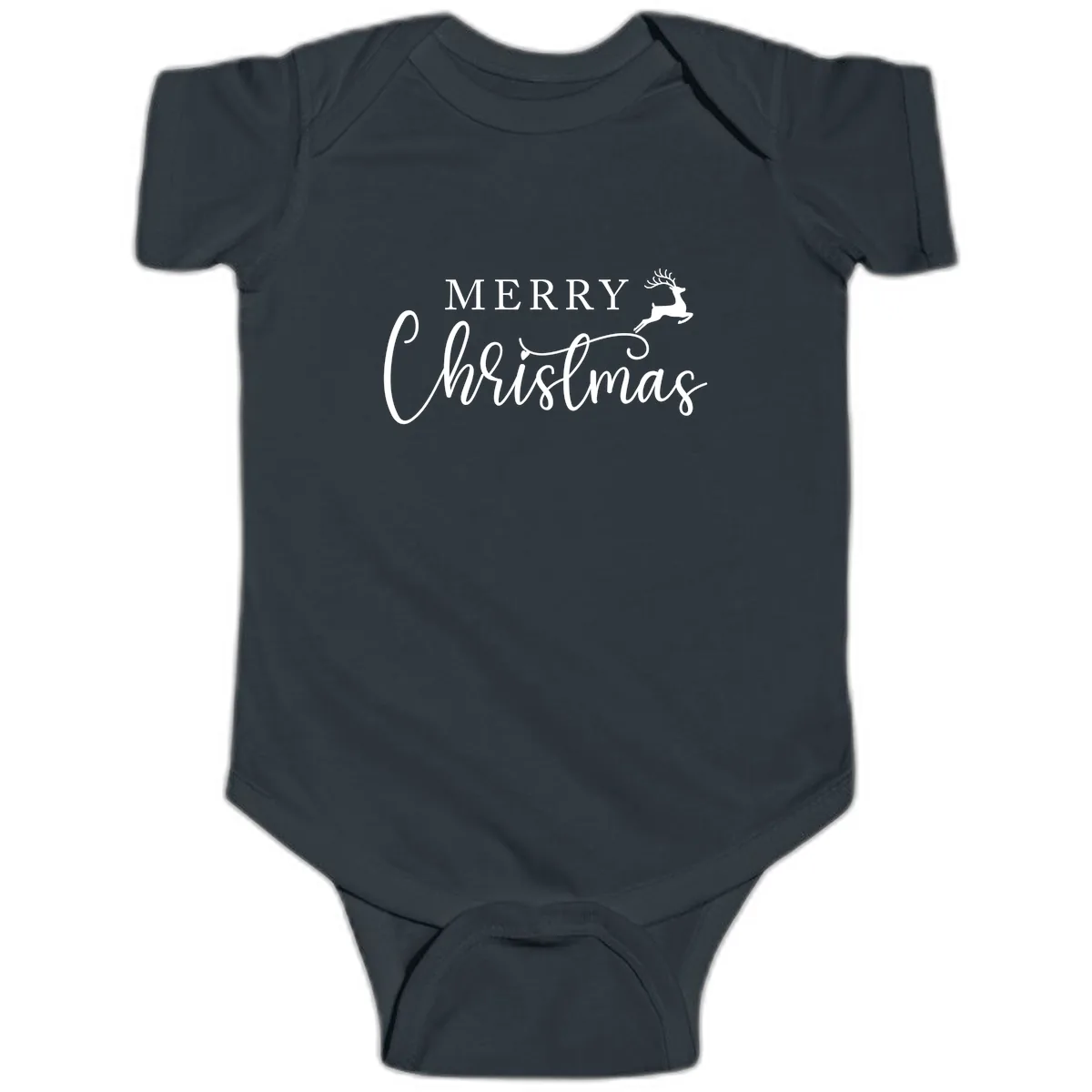 Merry Christmas Reindeer Script Design Baby Onesie in Black