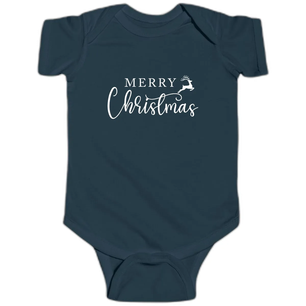 Merry Christmas Reindeer Script Design Baby Onesie in Navy