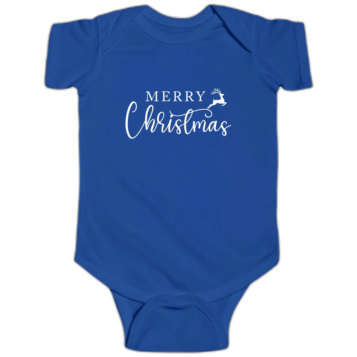 Merry Christmas Reindeer Script Design Baby Onesie in Royal