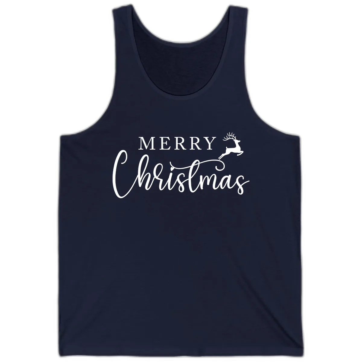 Merry Christmas Reindeer Script Design Tank in Navy