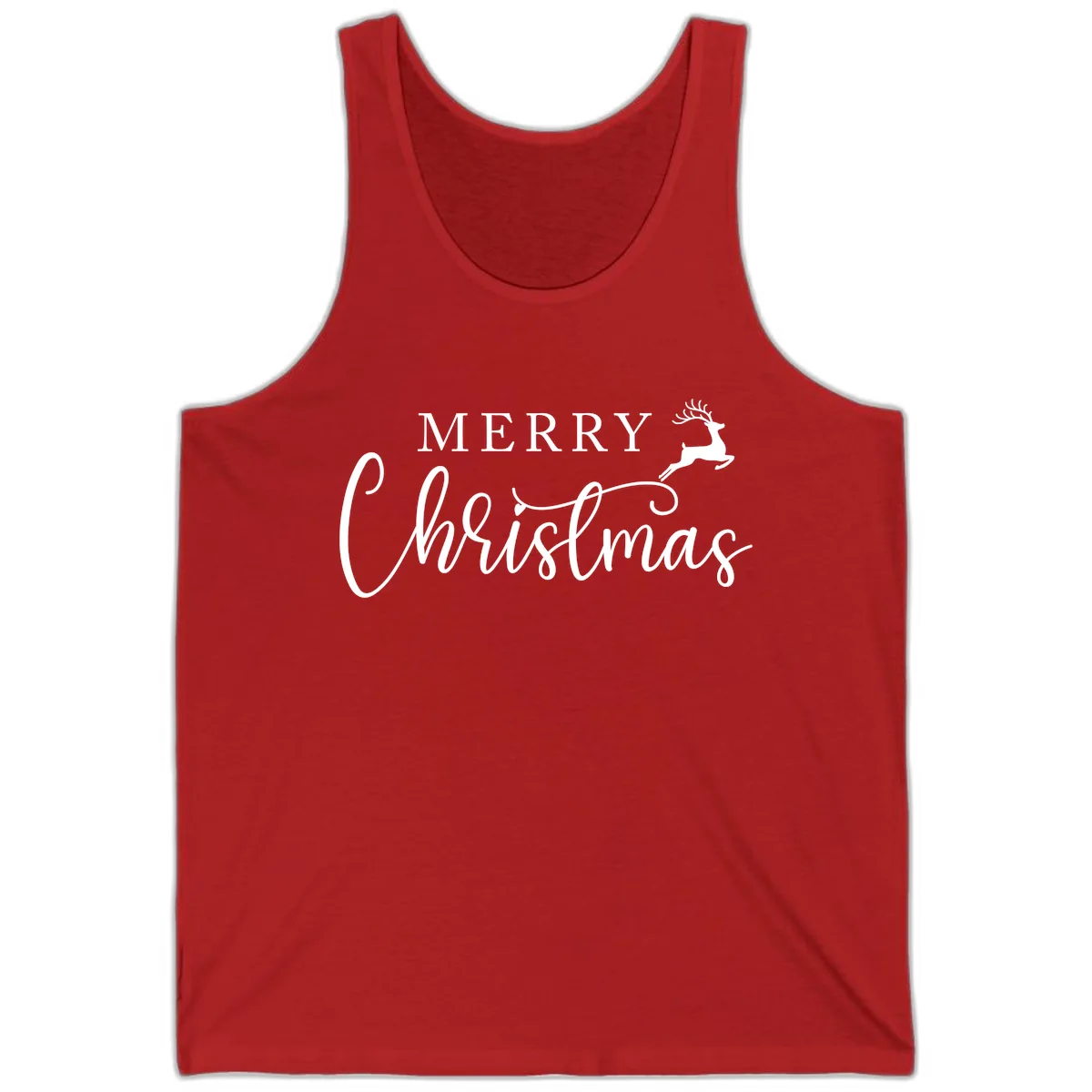 Merry Christmas Reindeer Script Design Tank in Red