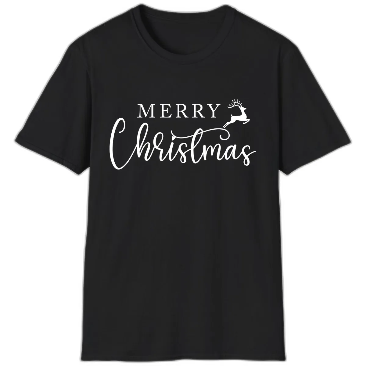 Merry Christmas Reindeer Script Design T-Shirt in Black