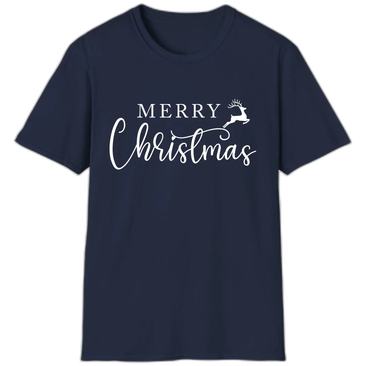 Merry Christmas Reindeer Script Design T-Shirt in Navy
