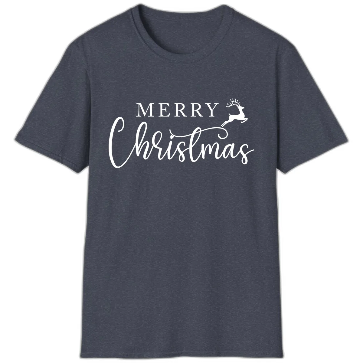 Merry Christmas Reindeer Script Design T-Shirt in Heather Navy