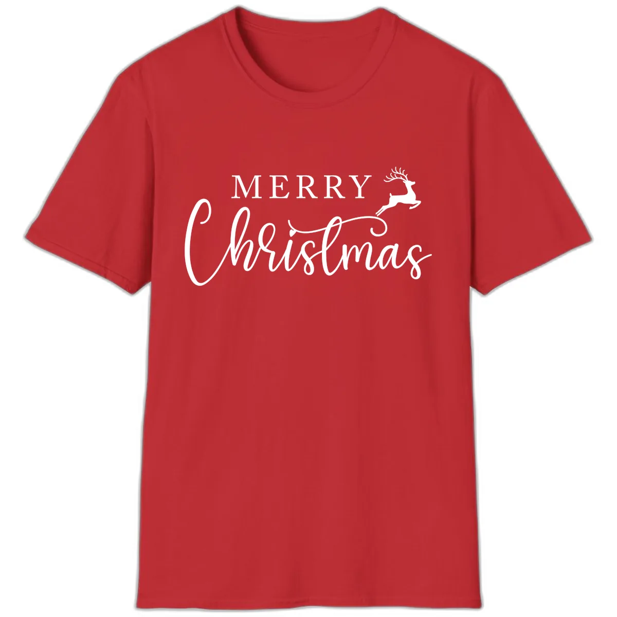 Merry Christmas Reindeer Script Design T-Shirt in Red