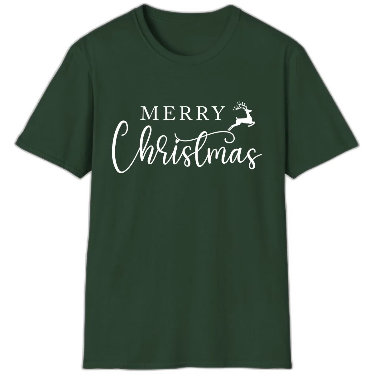 Merry Christmas Reindeer Script Design T-Shirt in Forest Green