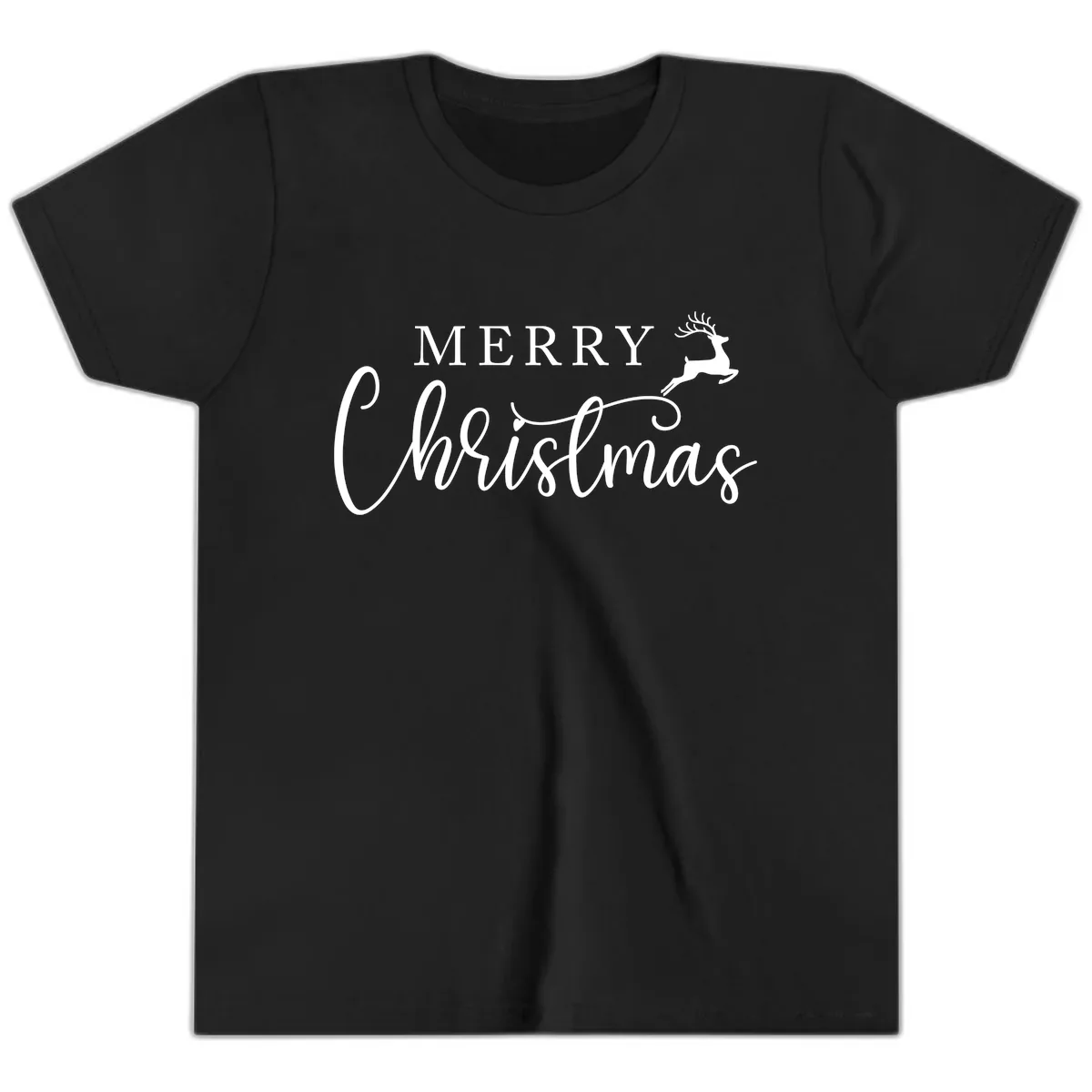 Merry Christmas Reindeer Script Design Youth T-Shirt in Black