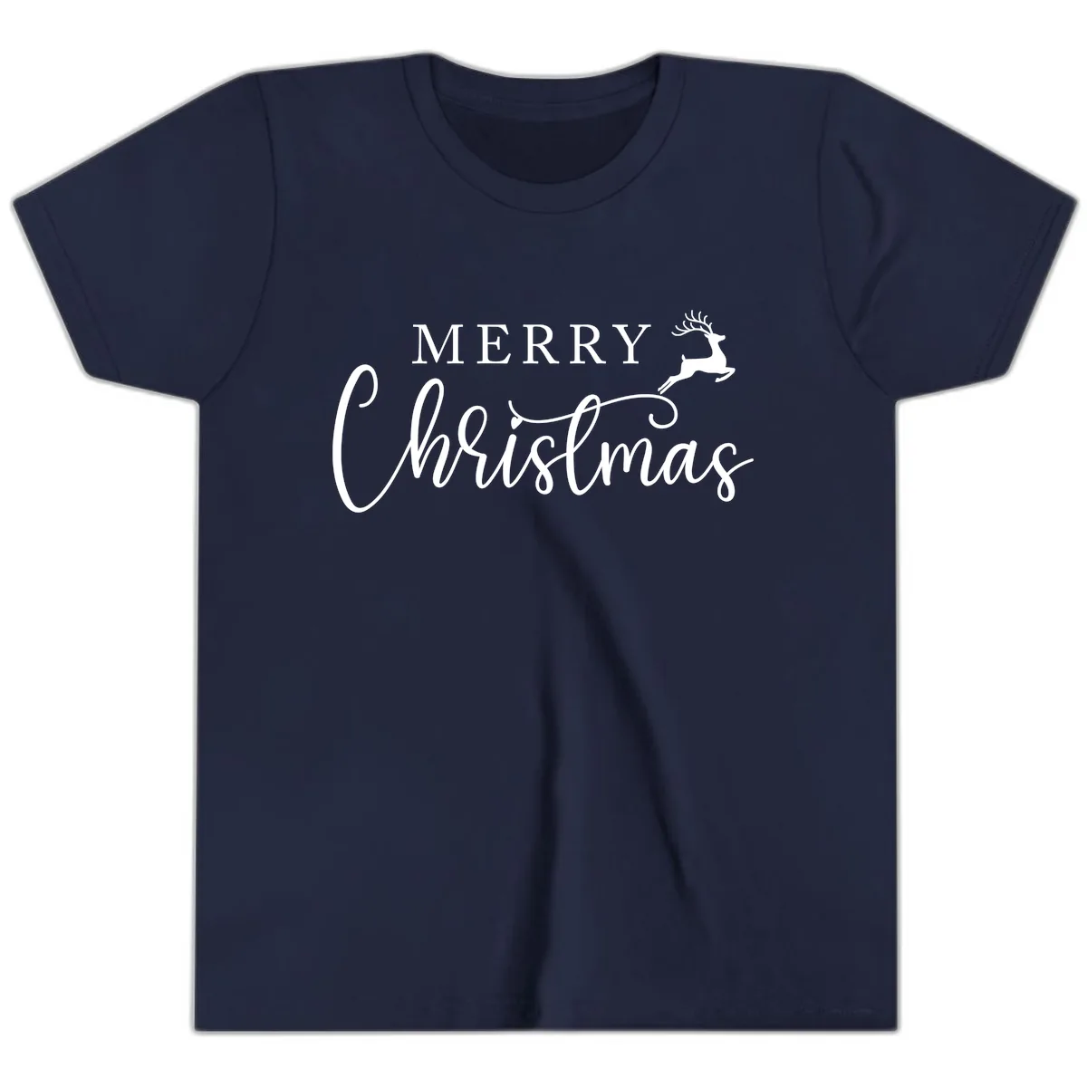 Merry Christmas Reindeer Script Design Youth T-Shirt in Navy