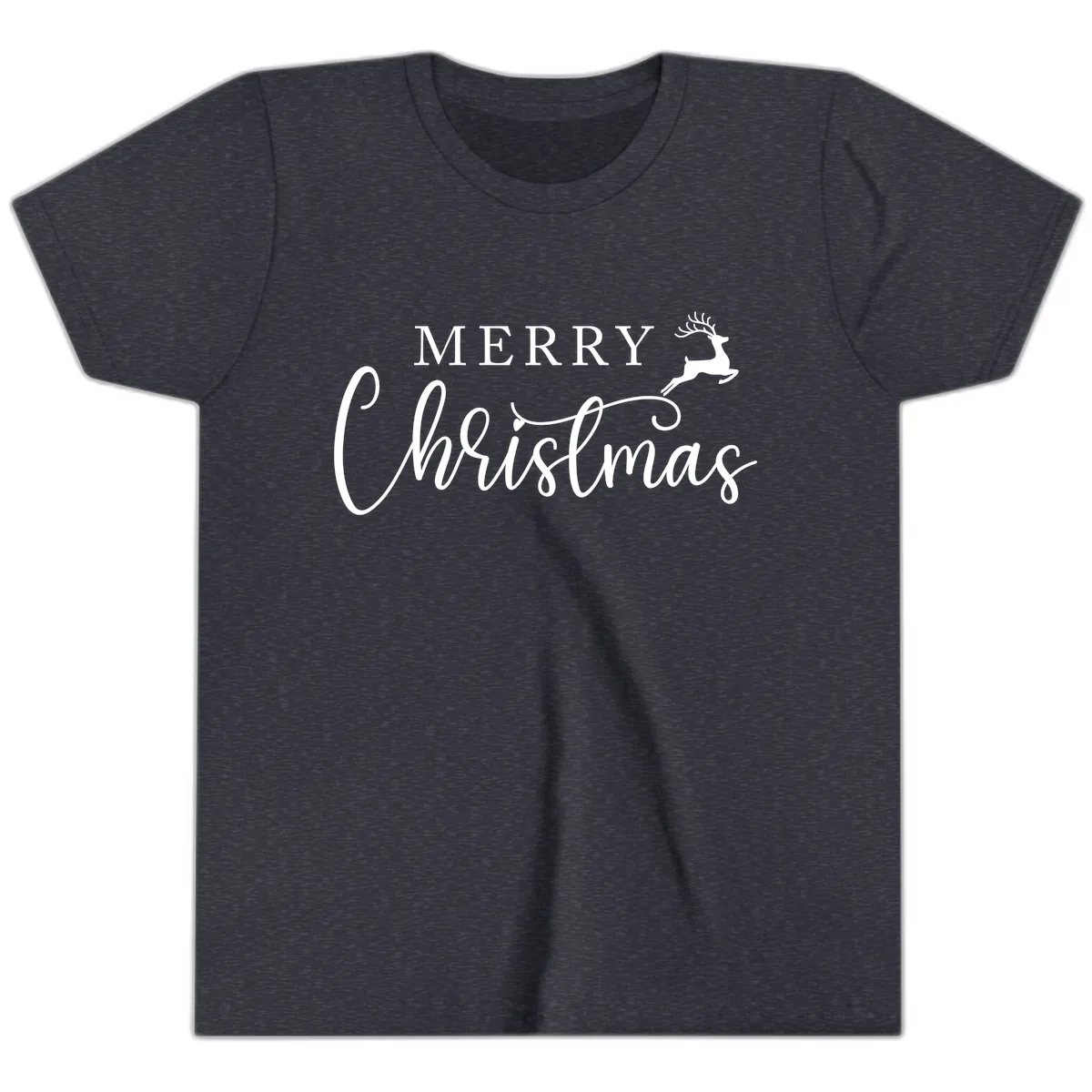Merry Christmas Reindeer Script Design Youth T-Shirt in Heather Navy