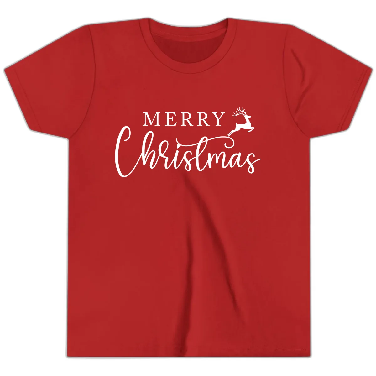 Merry Christmas Reindeer Script Design Youth T-Shirt in Red
