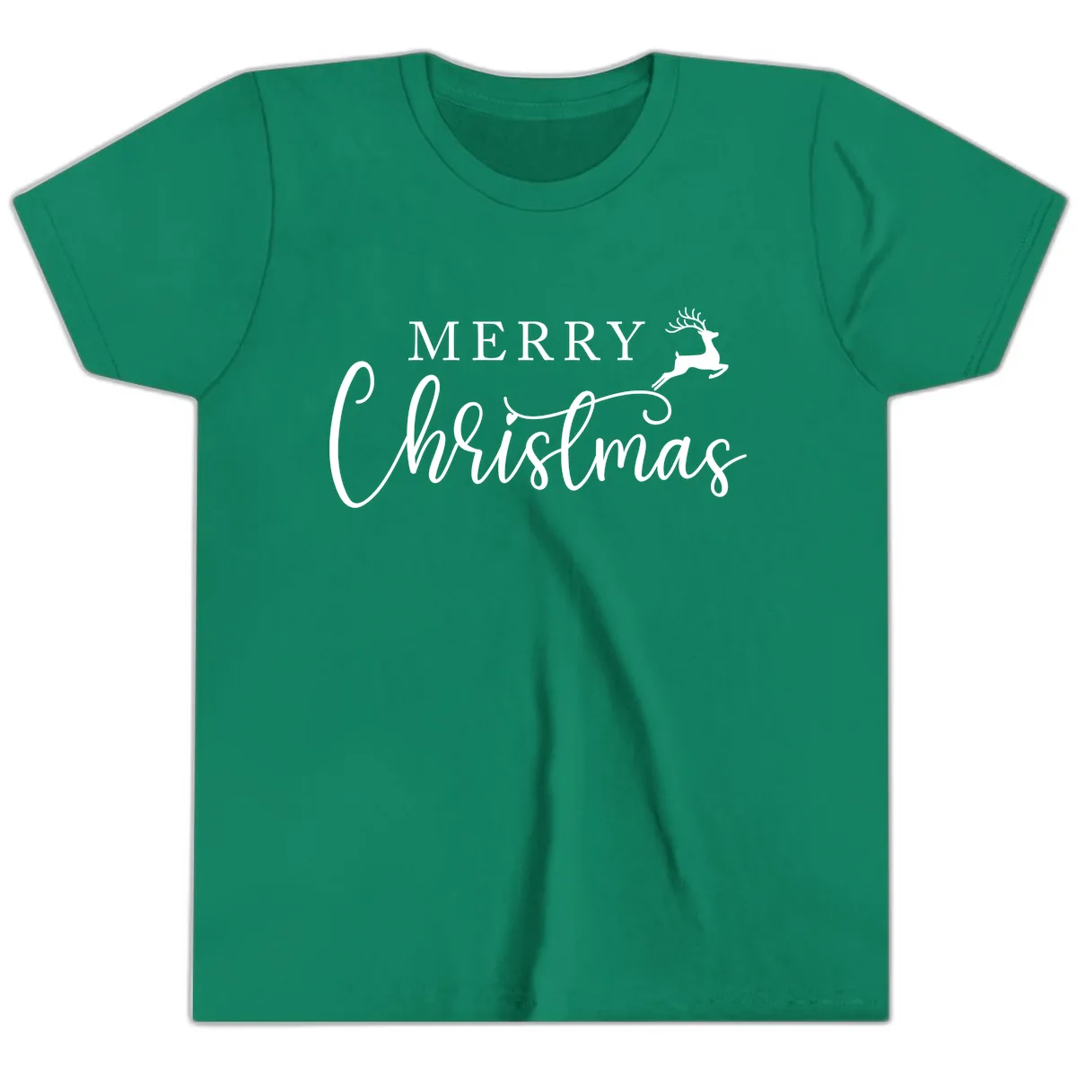 Merry Christmas Reindeer Script Design Youth T-Shirt in Kelly