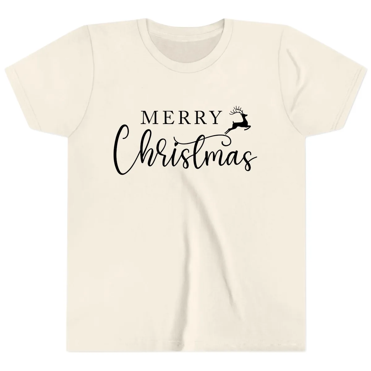 Merry Christmas Reindeer Script Design Youth T-Shirt in Natural