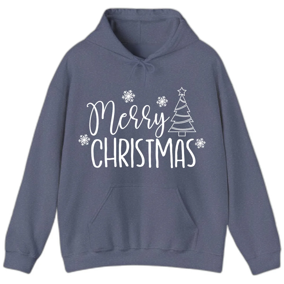 Merry Christmas Script Tree Hoodie in Heather Navy