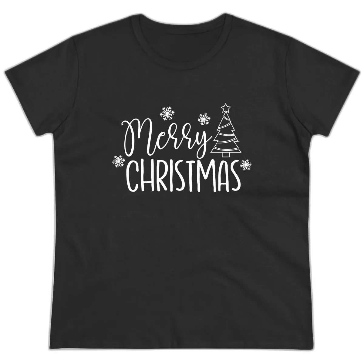 Merry Christmas Script Tree Ladies Tee in Black