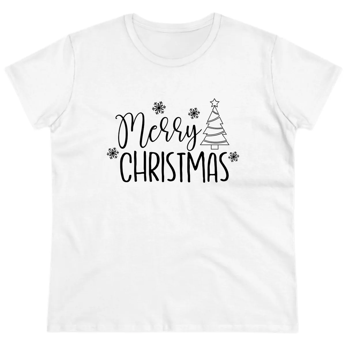 Merry Christmas Script Tree Ladies Tee in White