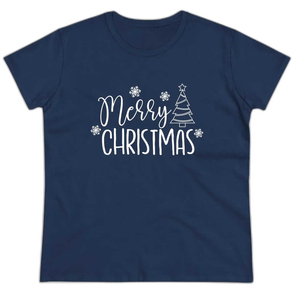 Merry Christmas Script Tree Ladies Tee in Navy