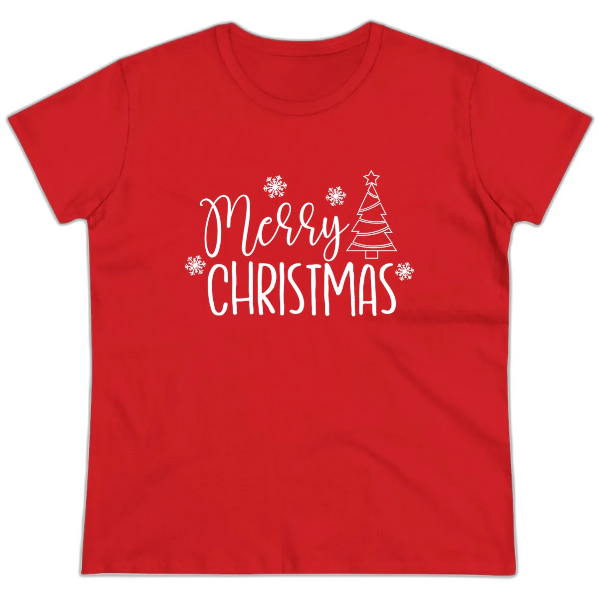 Merry Christmas Script Tree Ladies Tee in Red