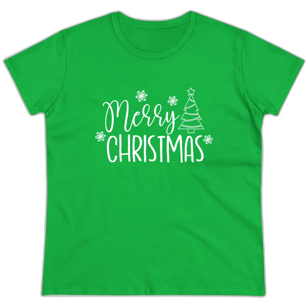 Merry Christmas Script Tree Ladies Tee in Irish Green