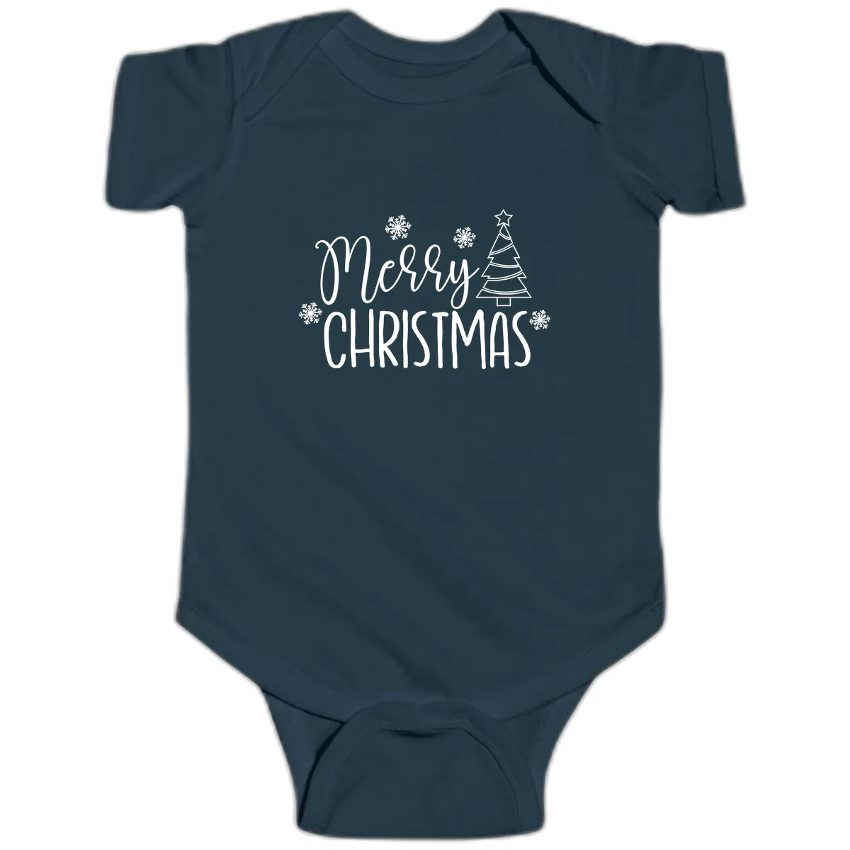 Merry Christmas Script Tree Baby Onesie in Navy