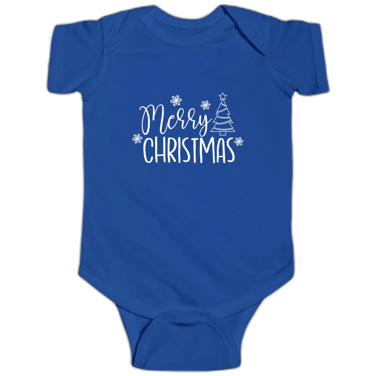 Merry Christmas Script Tree Baby Onesie in Royal