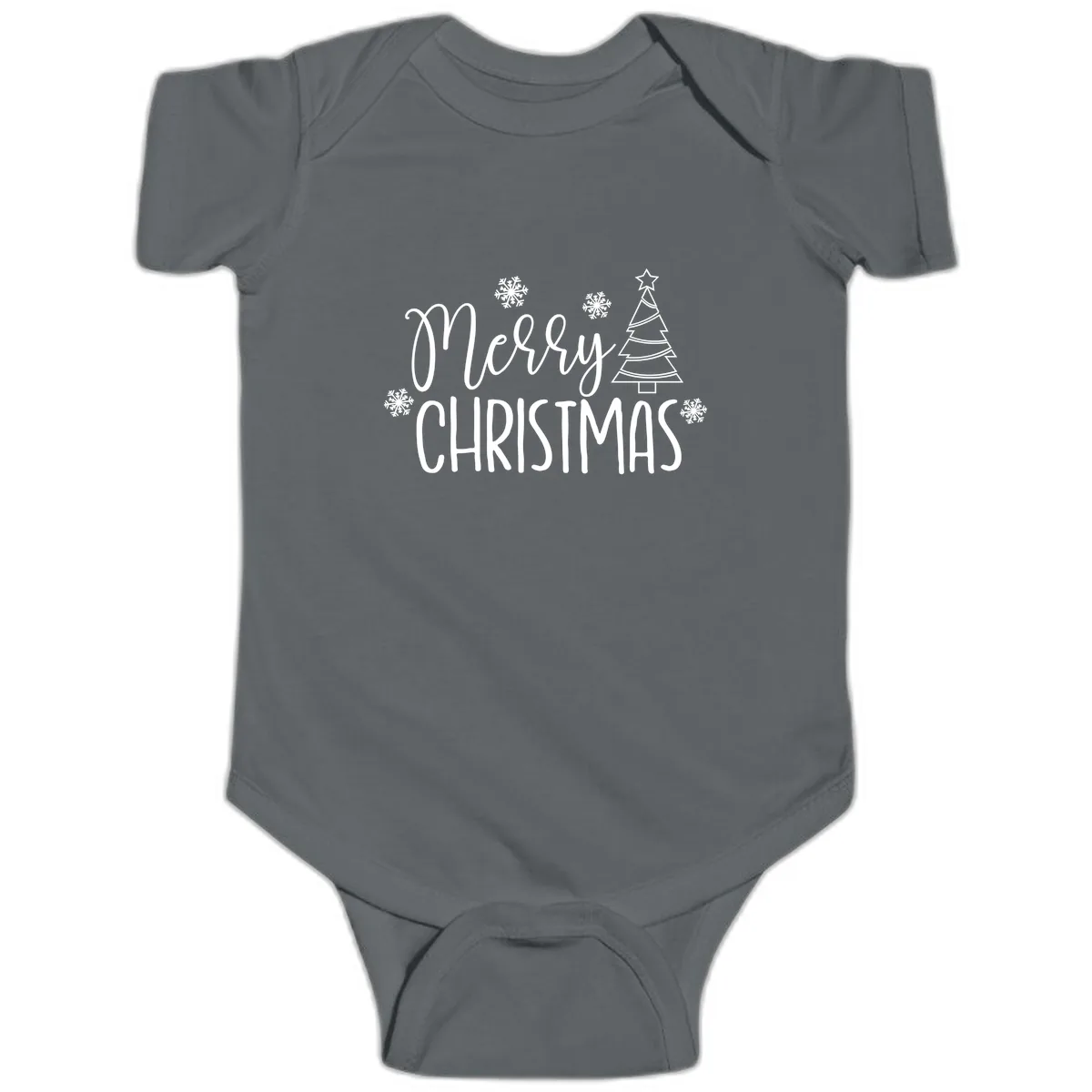Merry Christmas Script Tree Baby Onesie in Charcoal