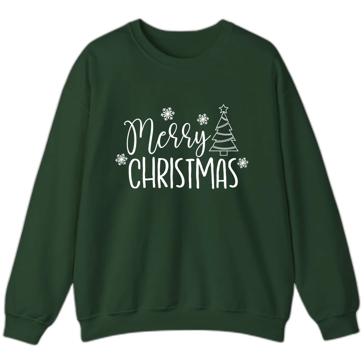 Merry Christmas Script Tree Sweatshirt in Forest Green