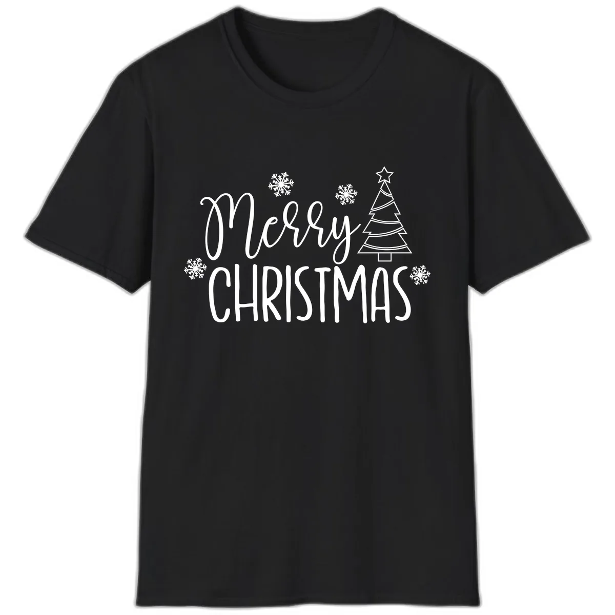 Merry Christmas Script Tree T-Shirt in Black