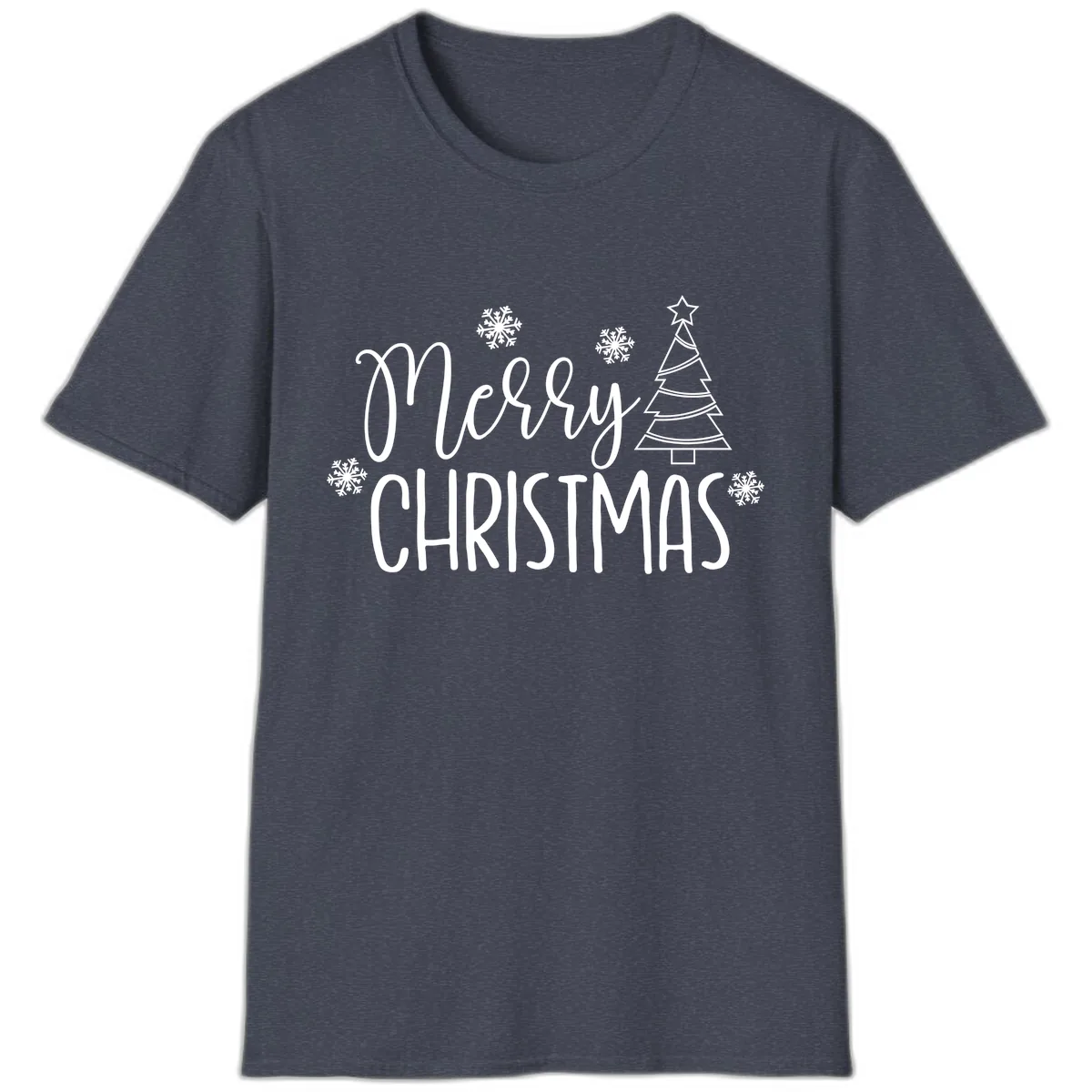 Merry Christmas Script Tree T-Shirt in Heather Navy