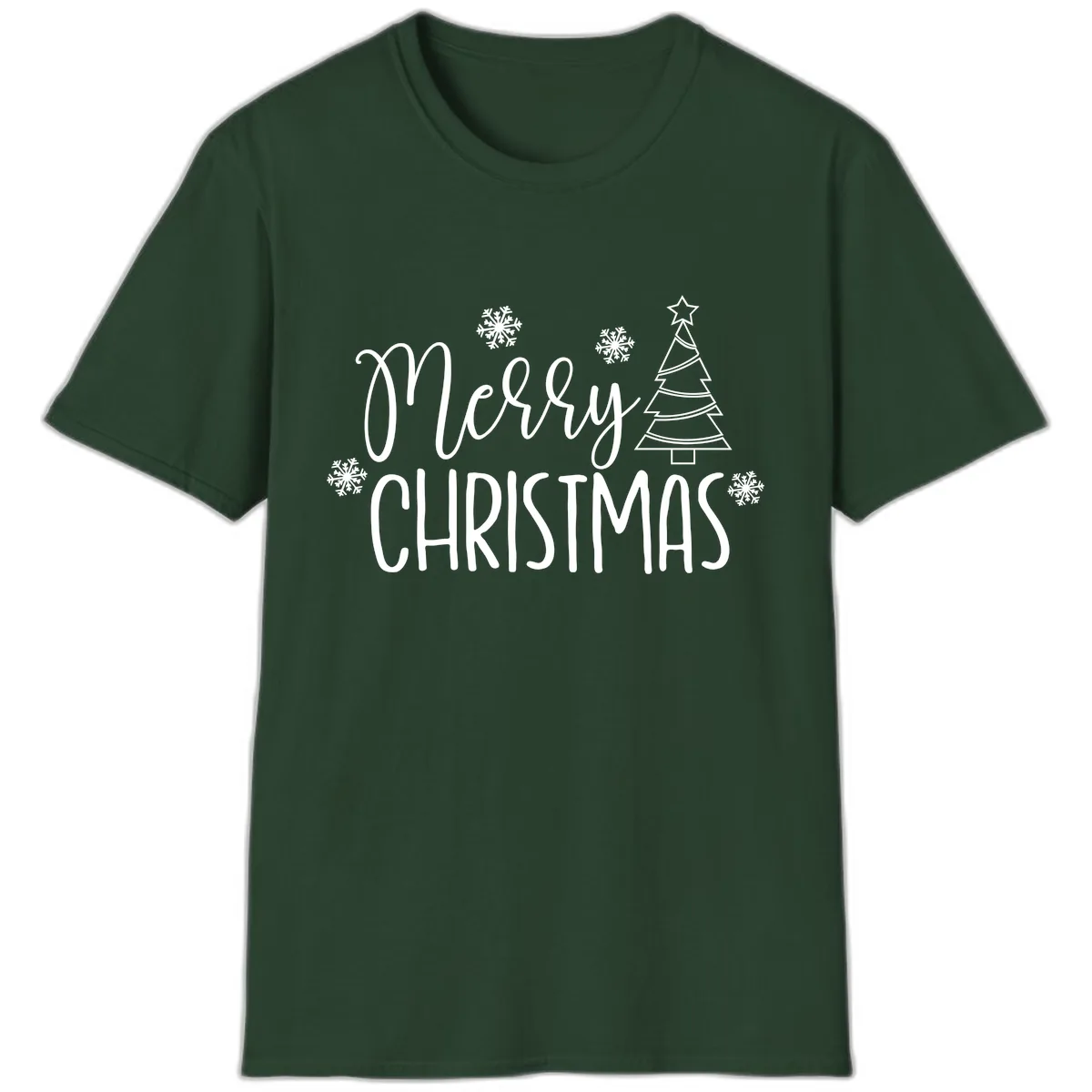 Merry Christmas Script Tree T-Shirt in Forest Green
