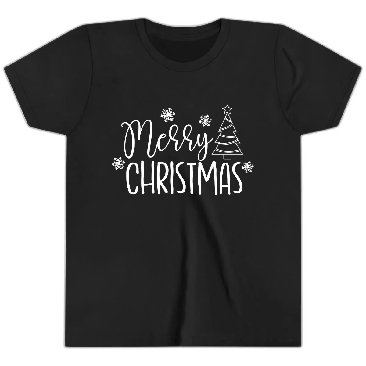 Merry Christmas Script Tree Youth T-Shirt in Black