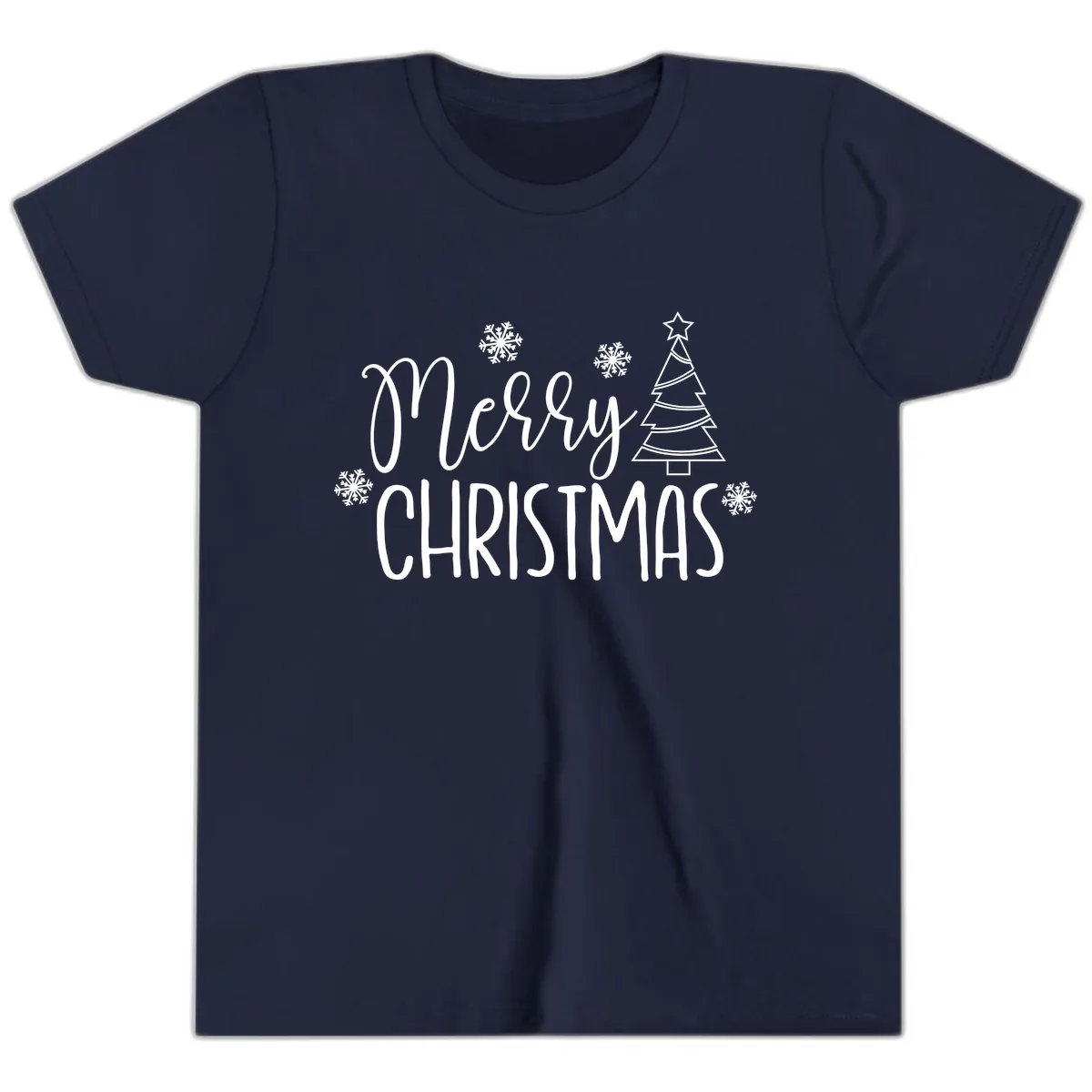 Merry Christmas Script Tree Youth T-Shirt in Navy
