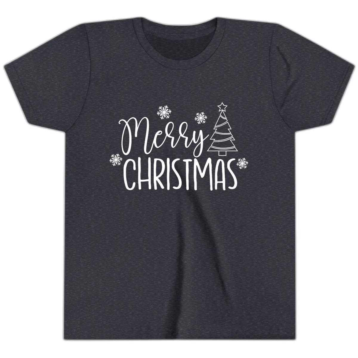 Merry Christmas Script Tree Youth T-Shirt in Heather Navy