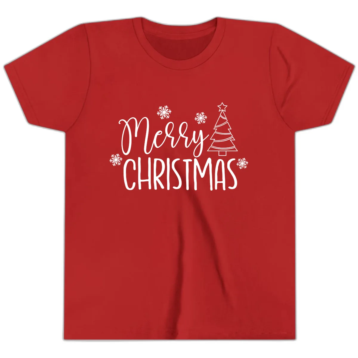 Merry Christmas Script Tree Youth T-Shirt in Red
