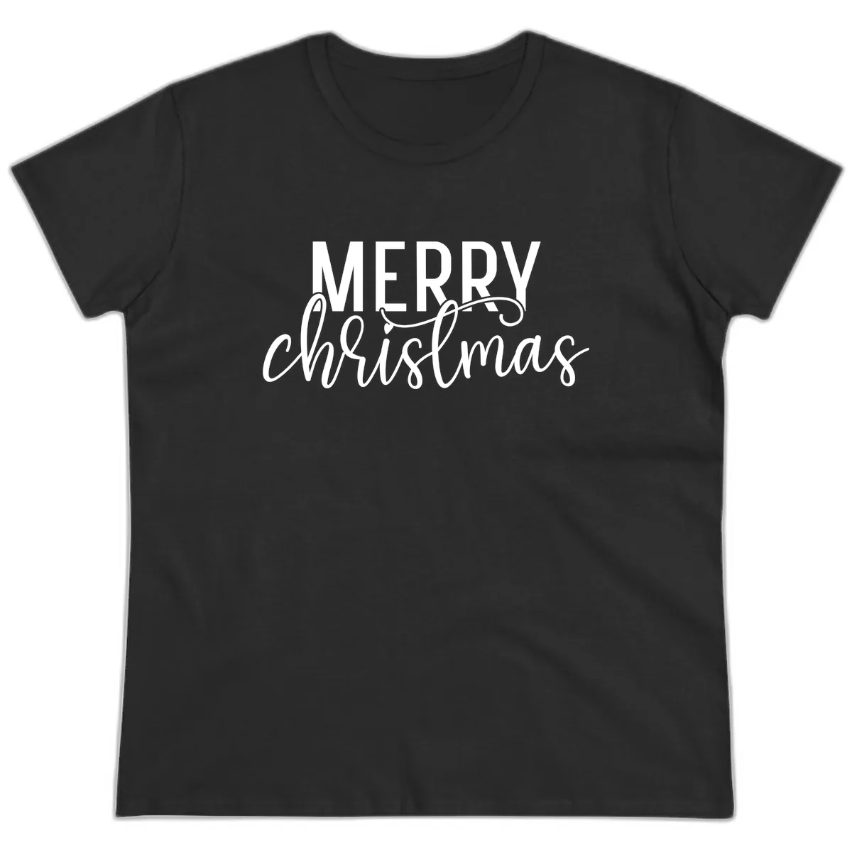 Merry Christmas Script Typography Ladies Tee in Black