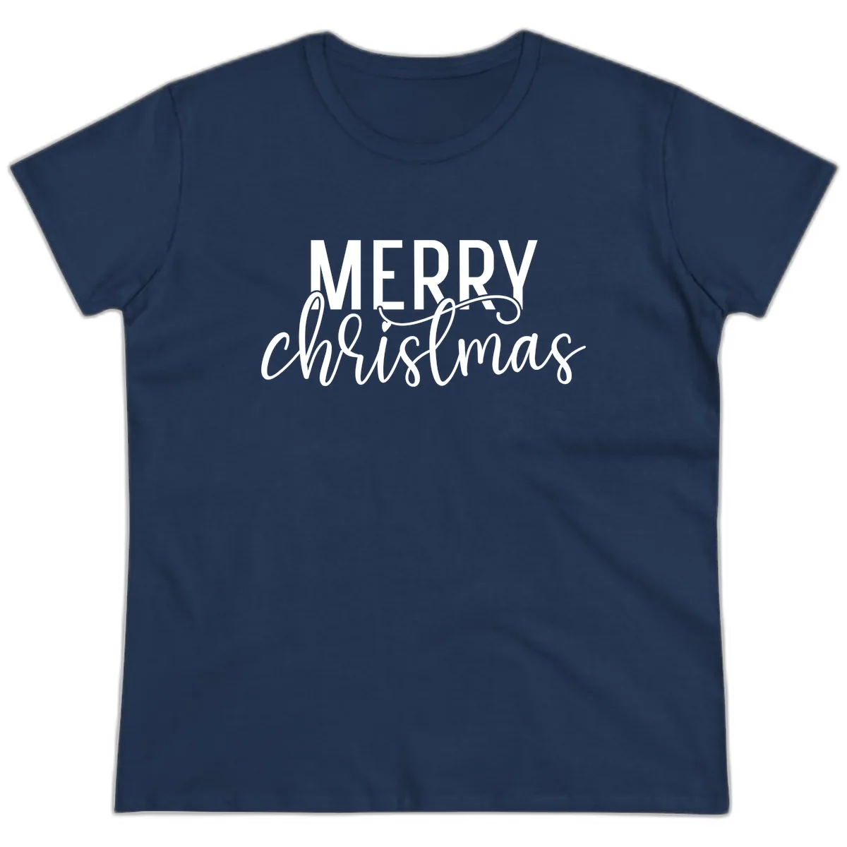 Merry Christmas Script Typography Ladies Tee in Navy