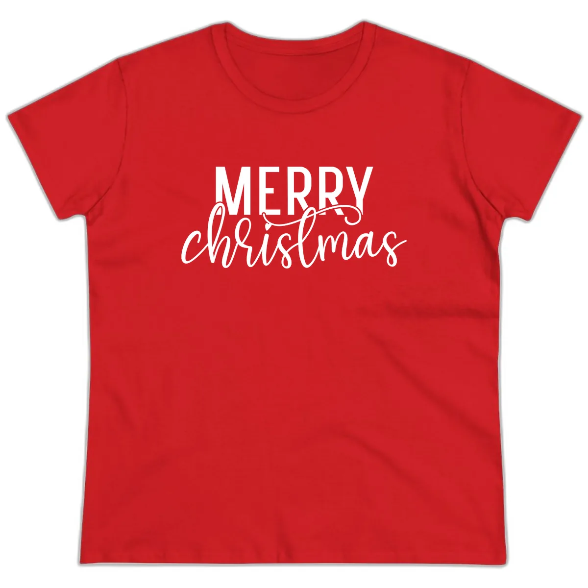 Merry Christmas Script Typography Ladies Tee in Red