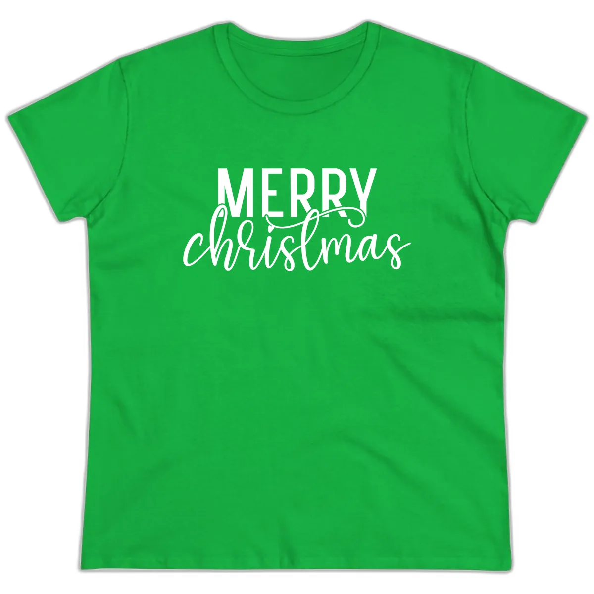 Merry Christmas Script Typography Ladies Tee in Irish Green