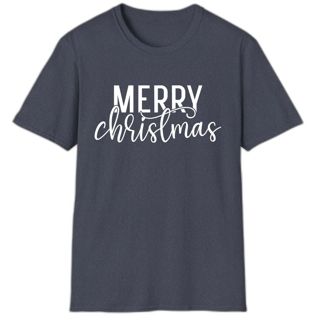 Merry Christmas Script Typography T-Shirt in Heather Navy