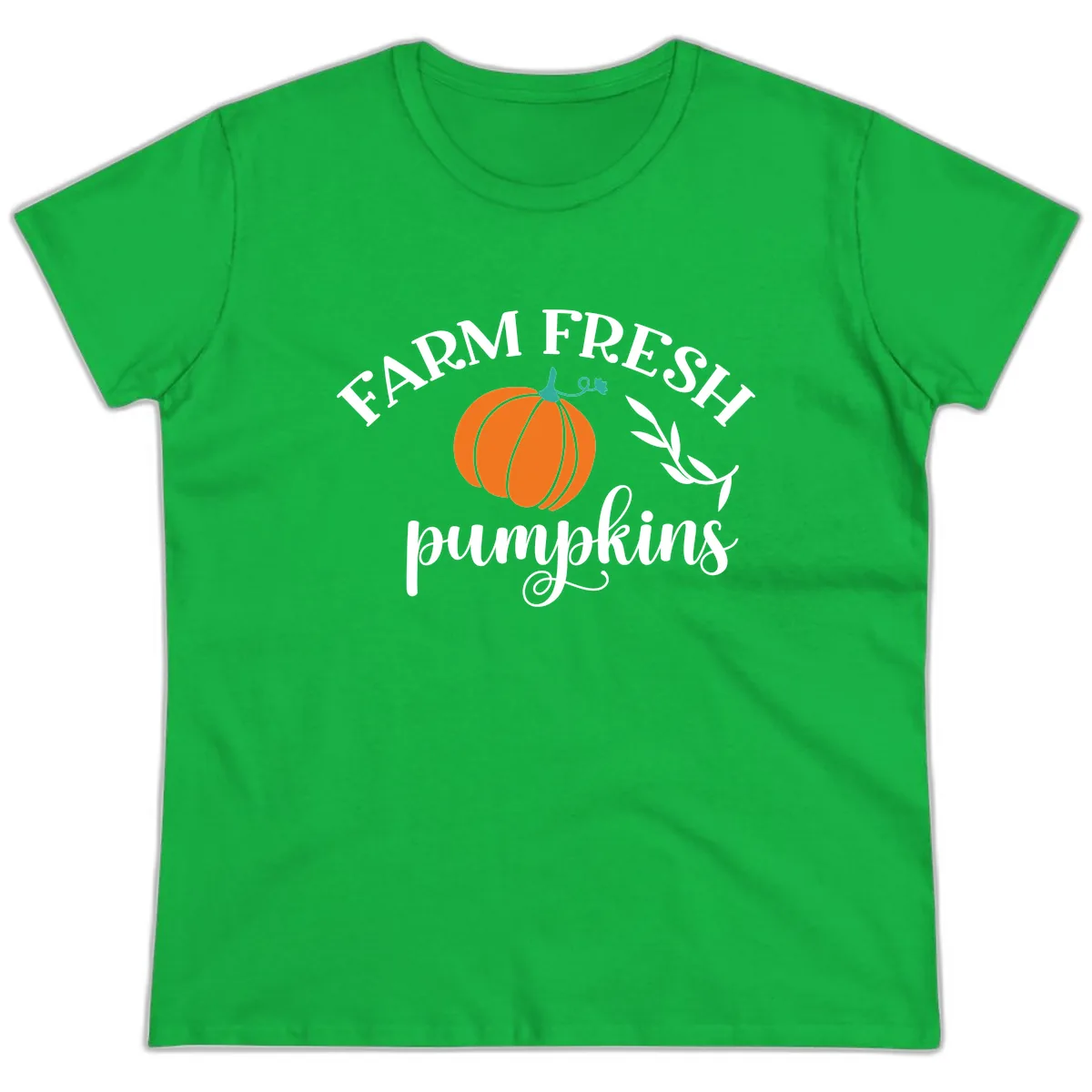 Farm Fresh Pumpkins Fall Harvest Ladies Tee in Irish Green