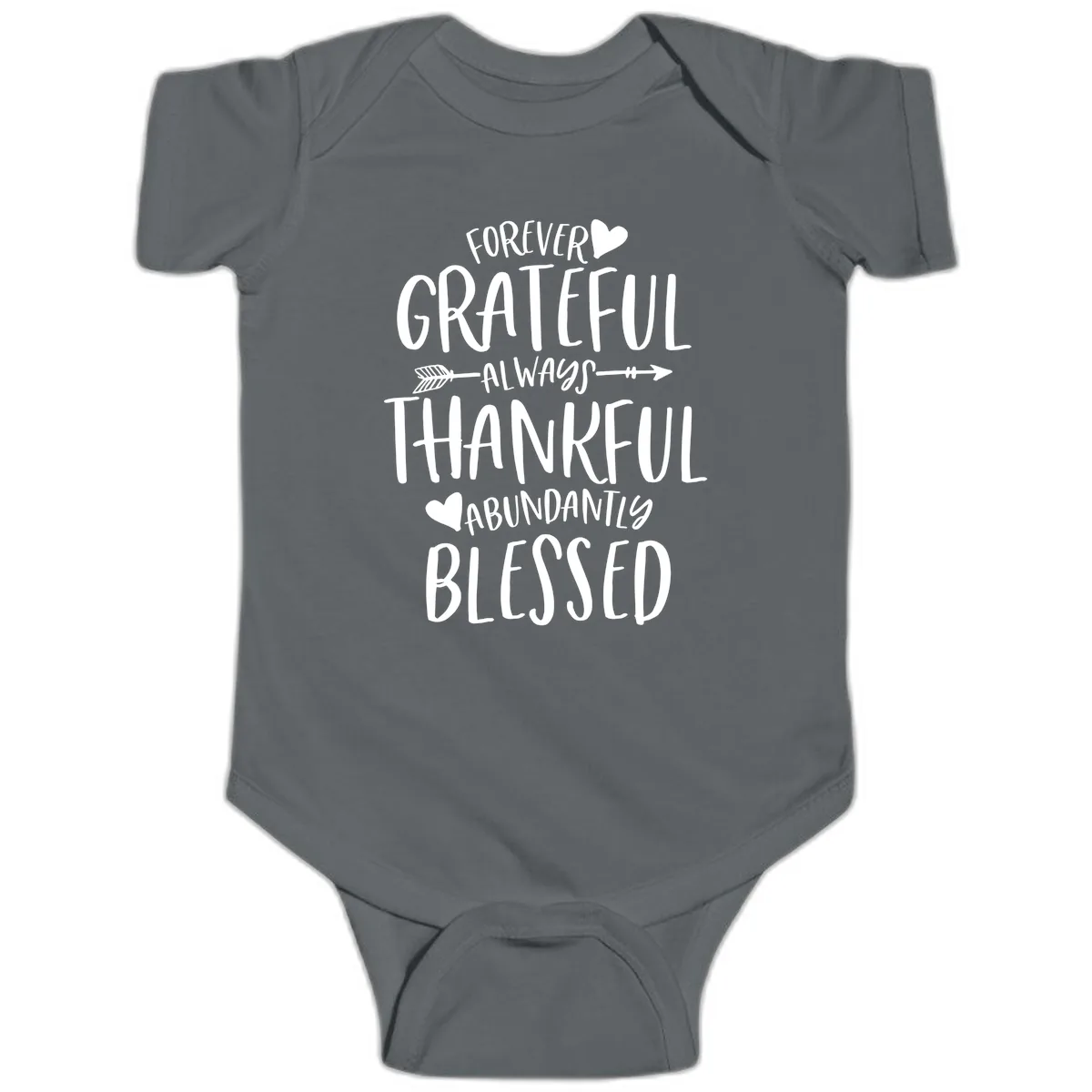 Forever Grateful Always Thankful Blessed Baby Onesie in Charcoal