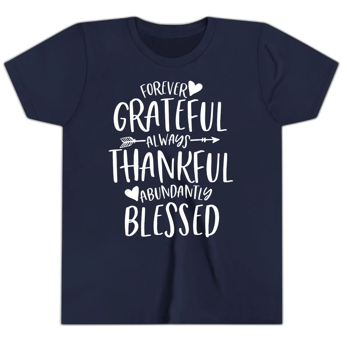 Forever Grateful Always Thankful Blessed Youth T-Shirt in Navy